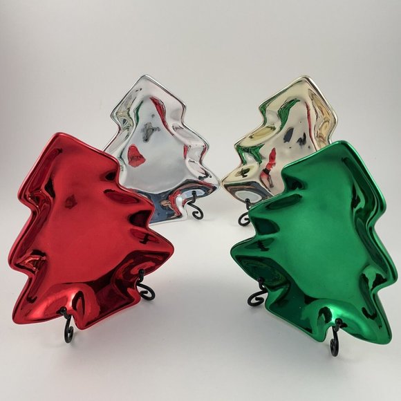 Holiday Tree Plates by Trimmings Etc. 4 Ceramic Metallic Small Serving Plates - Picture 5 of 11